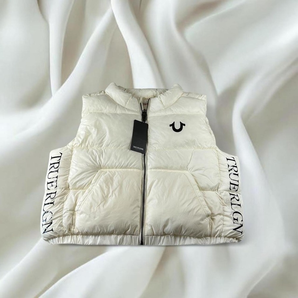 NWT True Religion winter white puffer vest side logo detail y2k mcbling skater